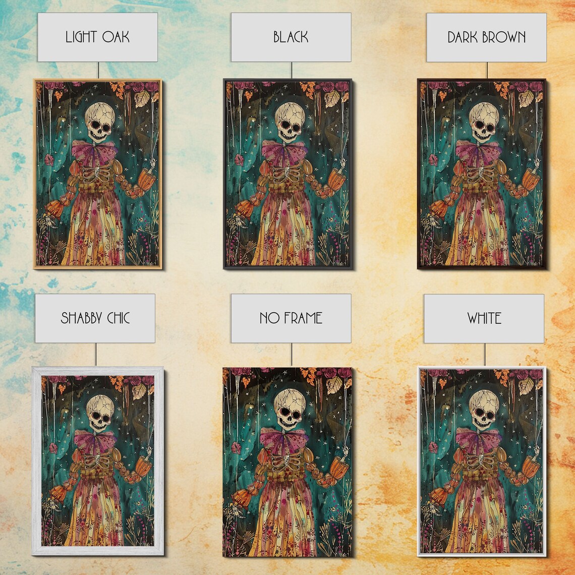 Day Of Dead Skeleton Orange Floral Gown Halloween Art Poster - Image 2