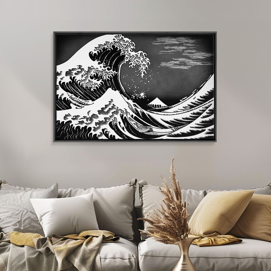 Great Wave Off Kanagawa Mount Fuji Black White Woodblock Style Poster - Image 4