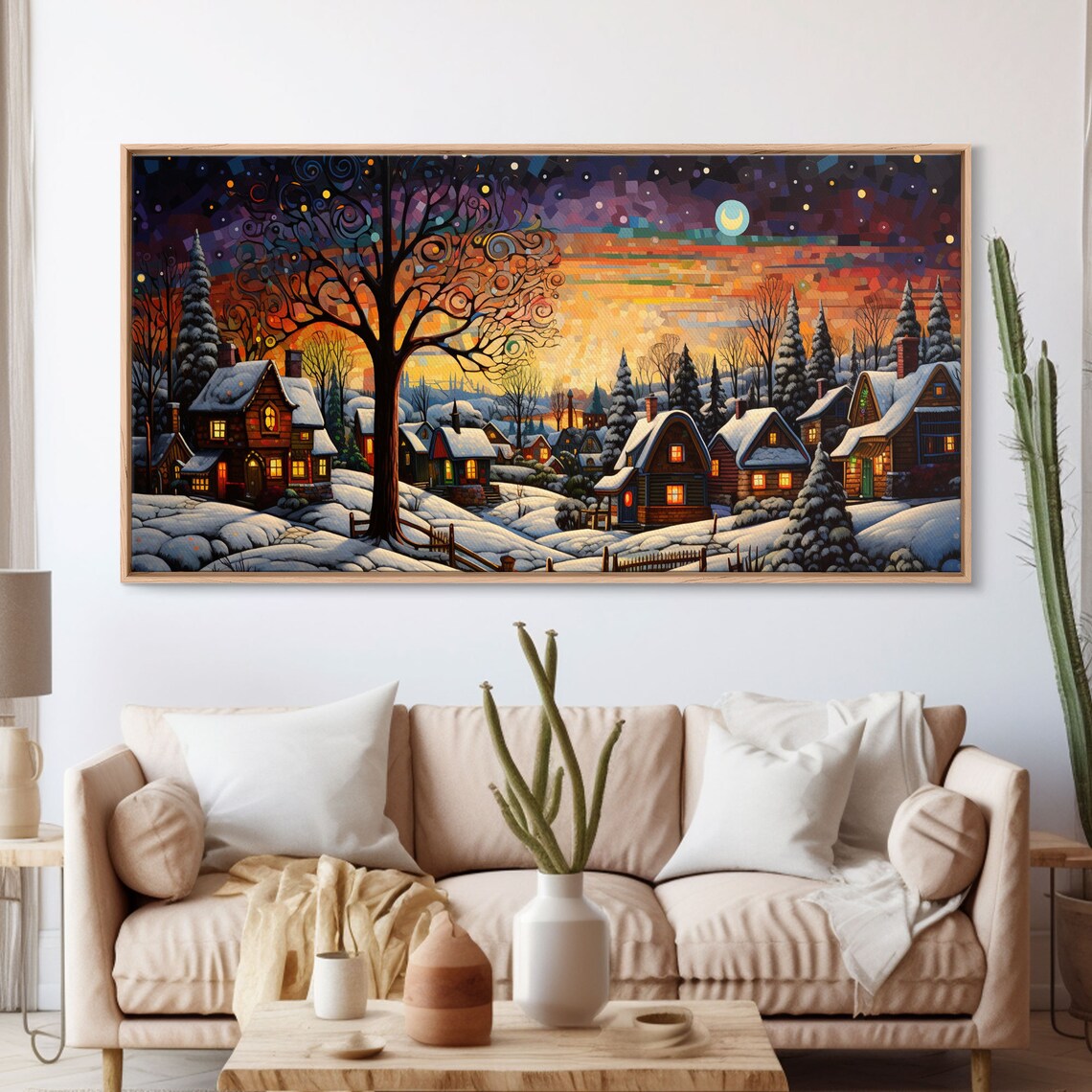 Snowy Christmas Village Night Colorful Starry Sky Panoramic Poster - Image 3