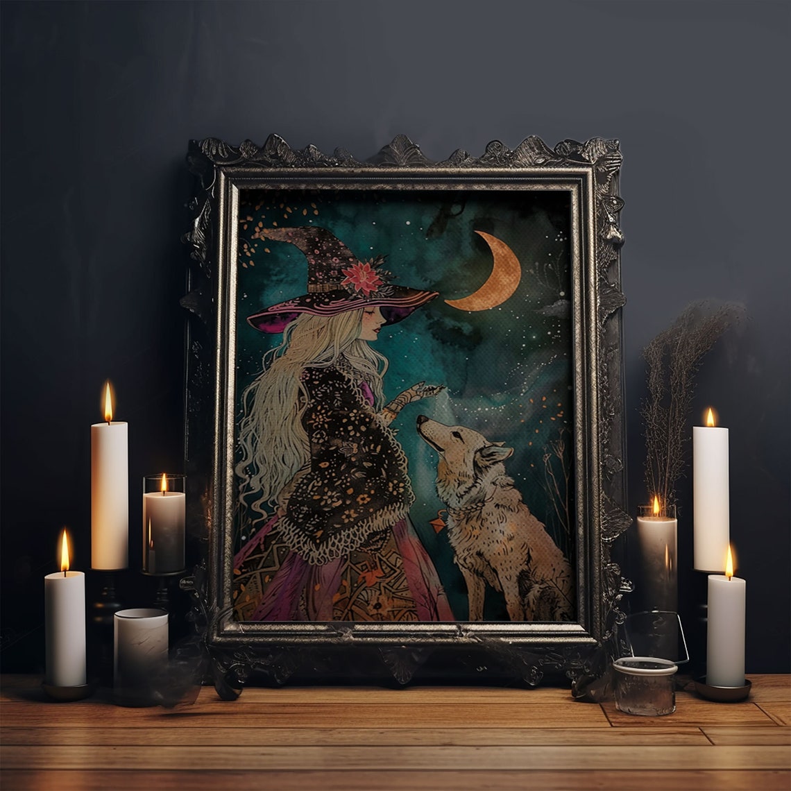Mystical Witch With Wolf Under Crescent Moon Starry Night Poster