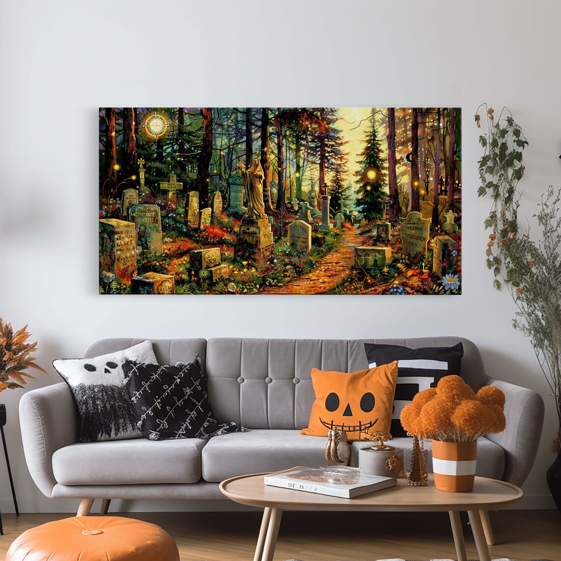 Colorful Haunted Graveyard Spring Flowers Moonlit Forest Halloween Print - Image 6