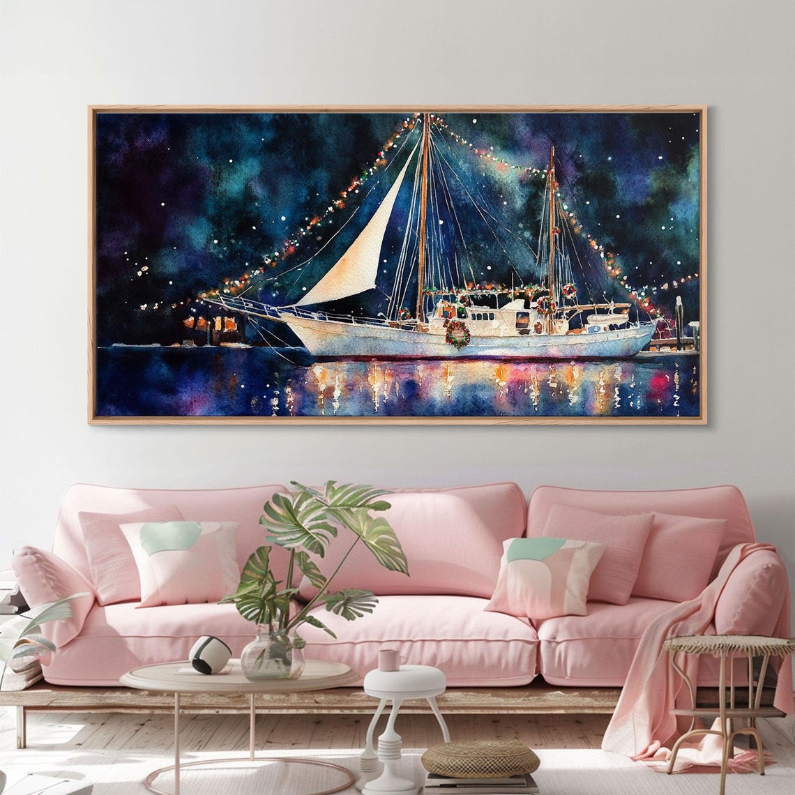 Christmas Sailboat With Holiday Lights Night Harbor Art Print - Image 4