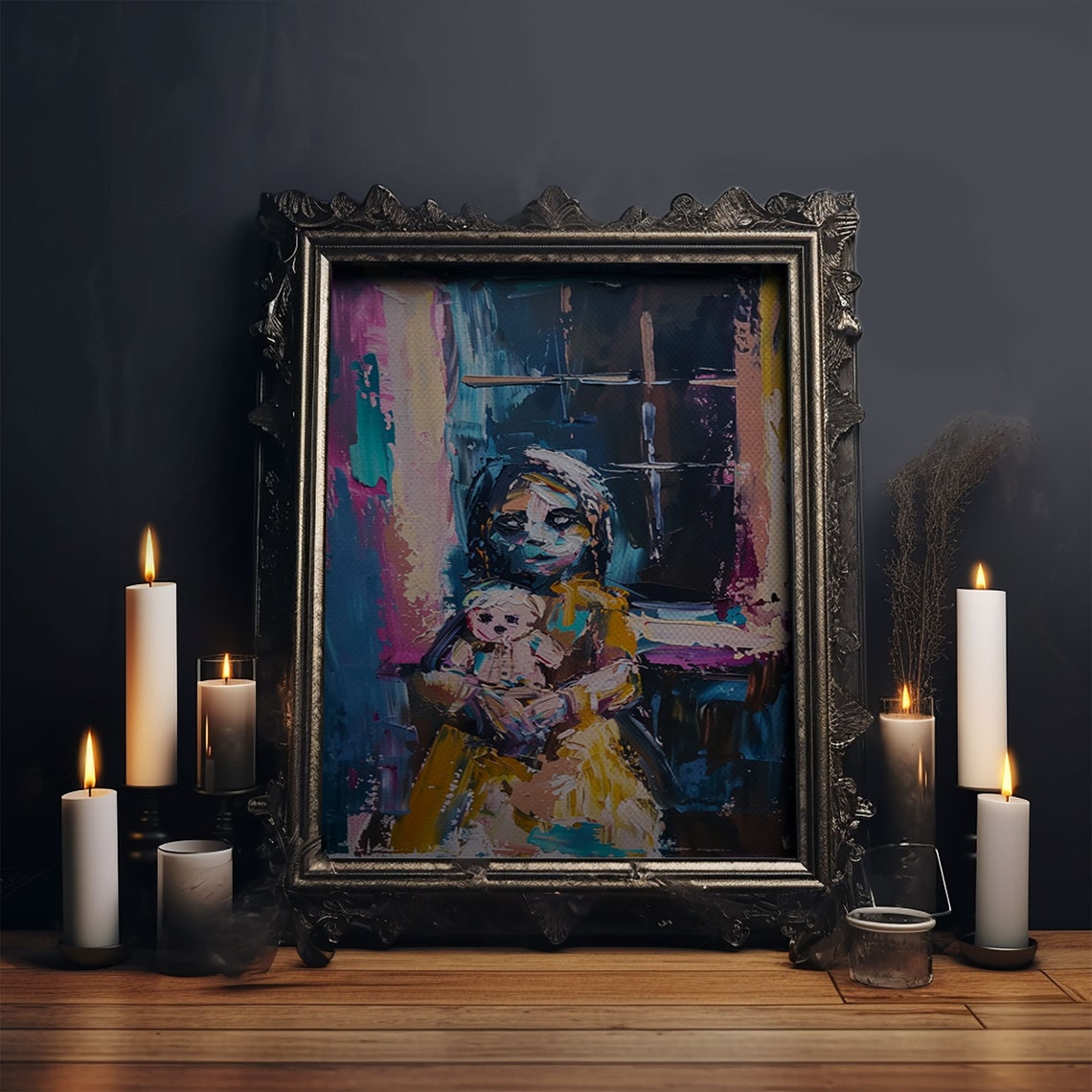 Spooky Girl With Doll Abstract Expressionist Creepy Art Wall Poster - Image 5