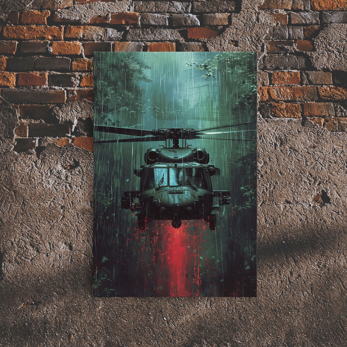 Black Helicopter Rainy Jungle Night Mission Military Art Poster