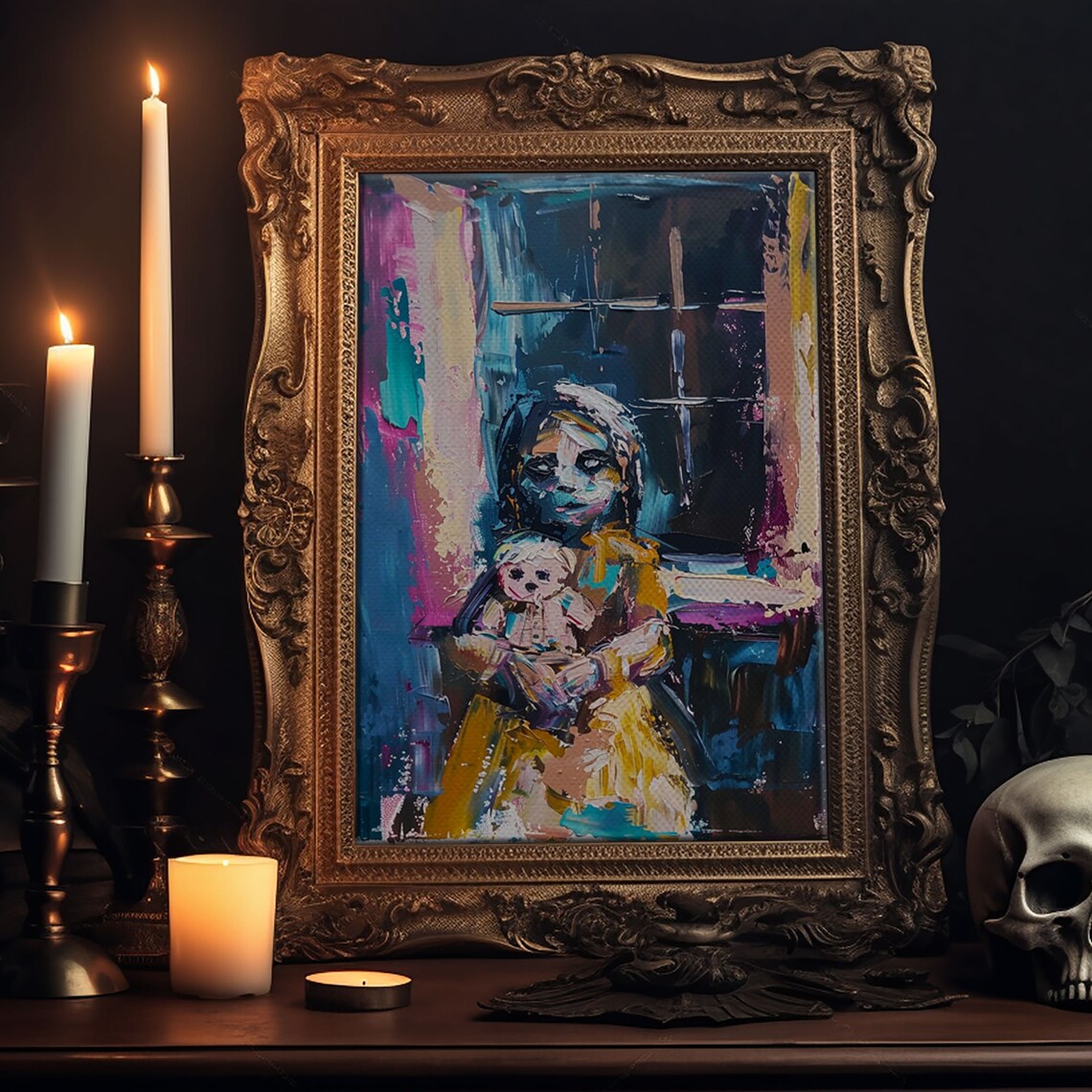 Spooky Girl With Doll Abstract Expressionist Creepy Art Wall Poster - Image 6