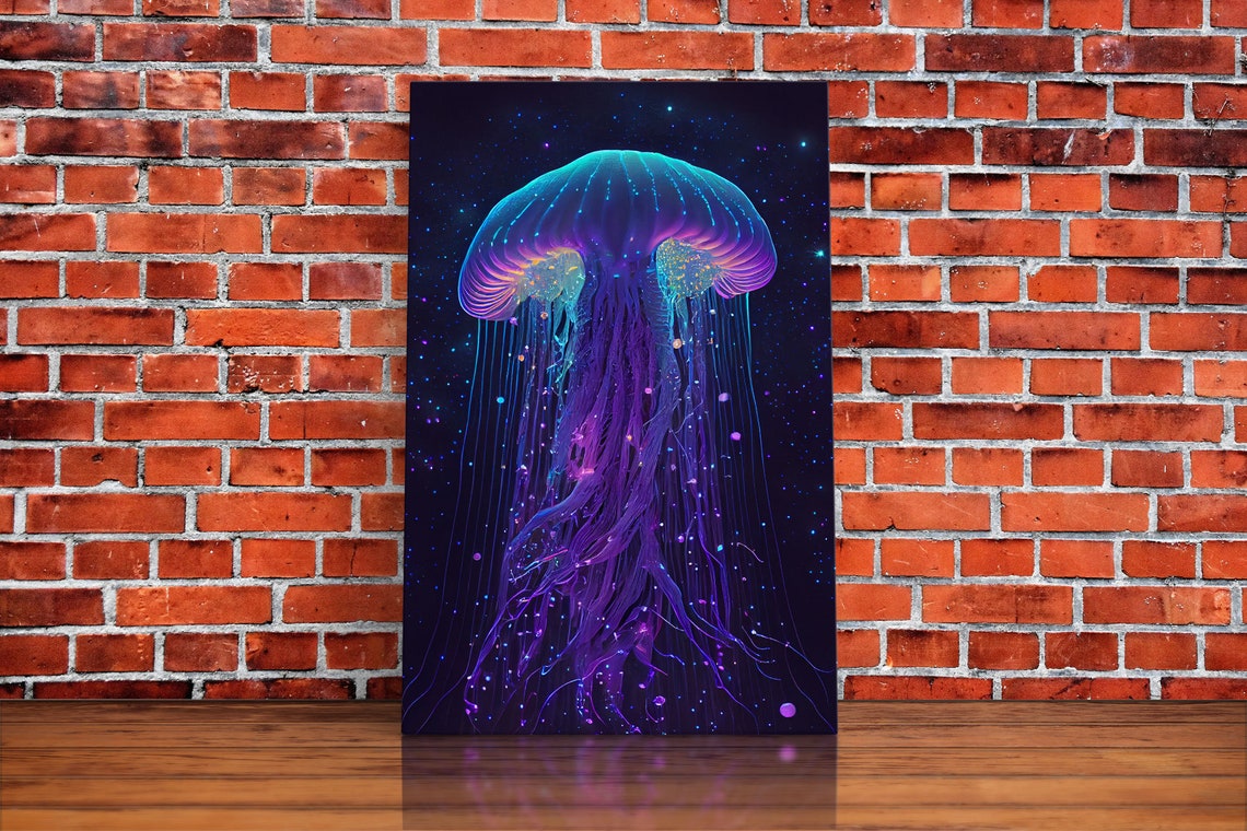 Bioluminescent Jellyfish Against A Starry Night Sky Cosmic Jelly Fish Framed Print Synthwave Style Art - Image 6