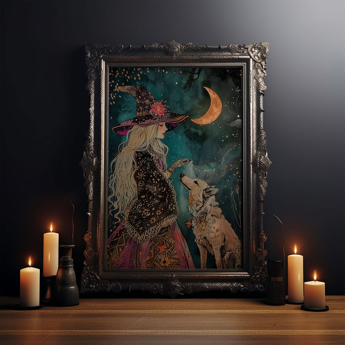 Mystical Witch With Wolf Under Crescent Moon Starry Night Poster - Image 4
