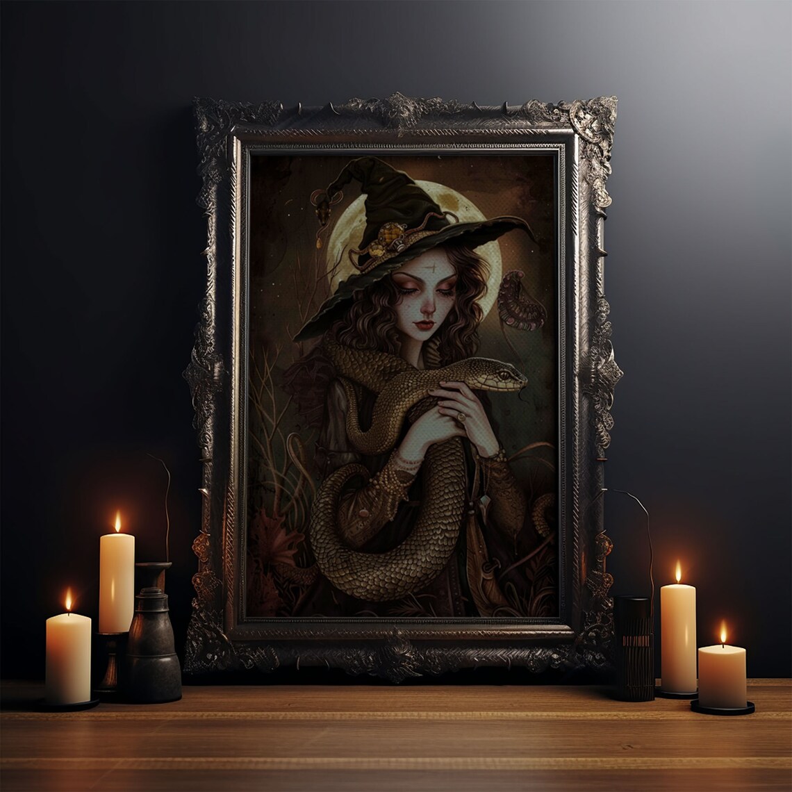 Witch Holding Snake Under Full Moon, Gothic Art Print - Image 4