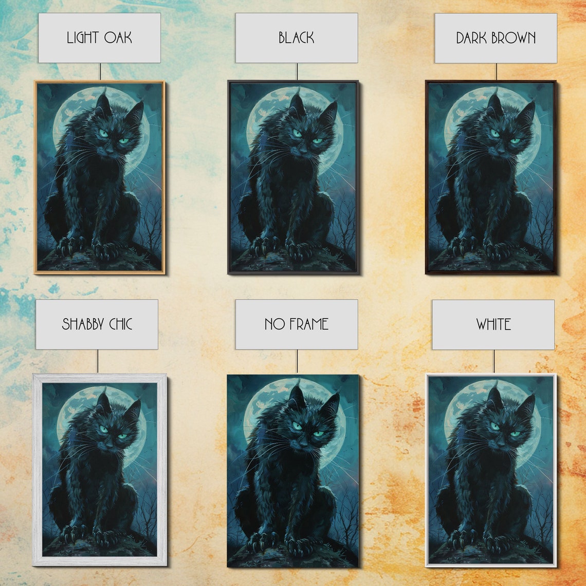 Black Cat With Green Eyes Against Full Moon Spooky Halloween Print - Image 3
