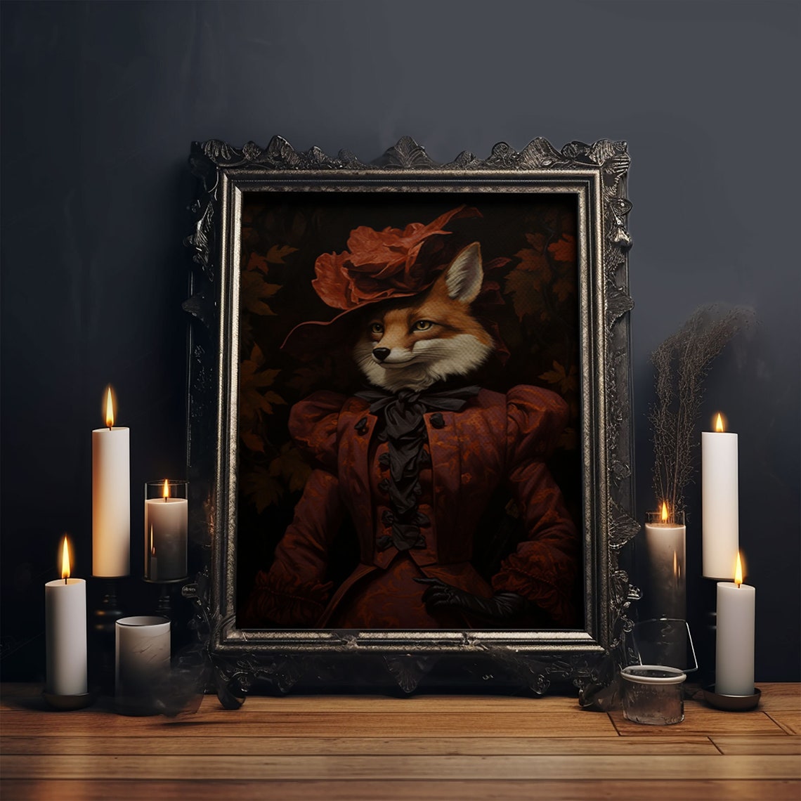 Victorian Lady Fox In Red Gown And Leaf Hat Animal Portrait Print - Image 5