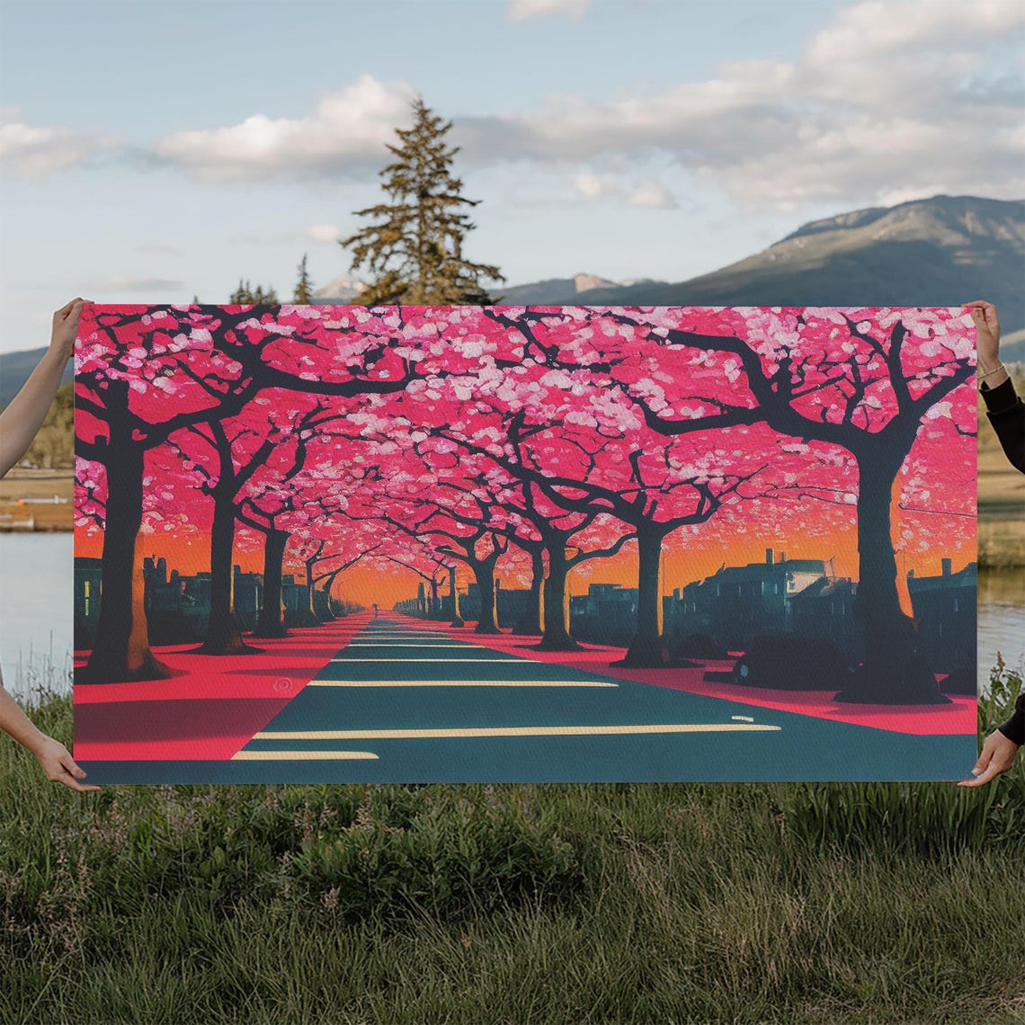 Cherry Blossom Lined Street Pop Art Pink Trees Blooming Avenue Poster