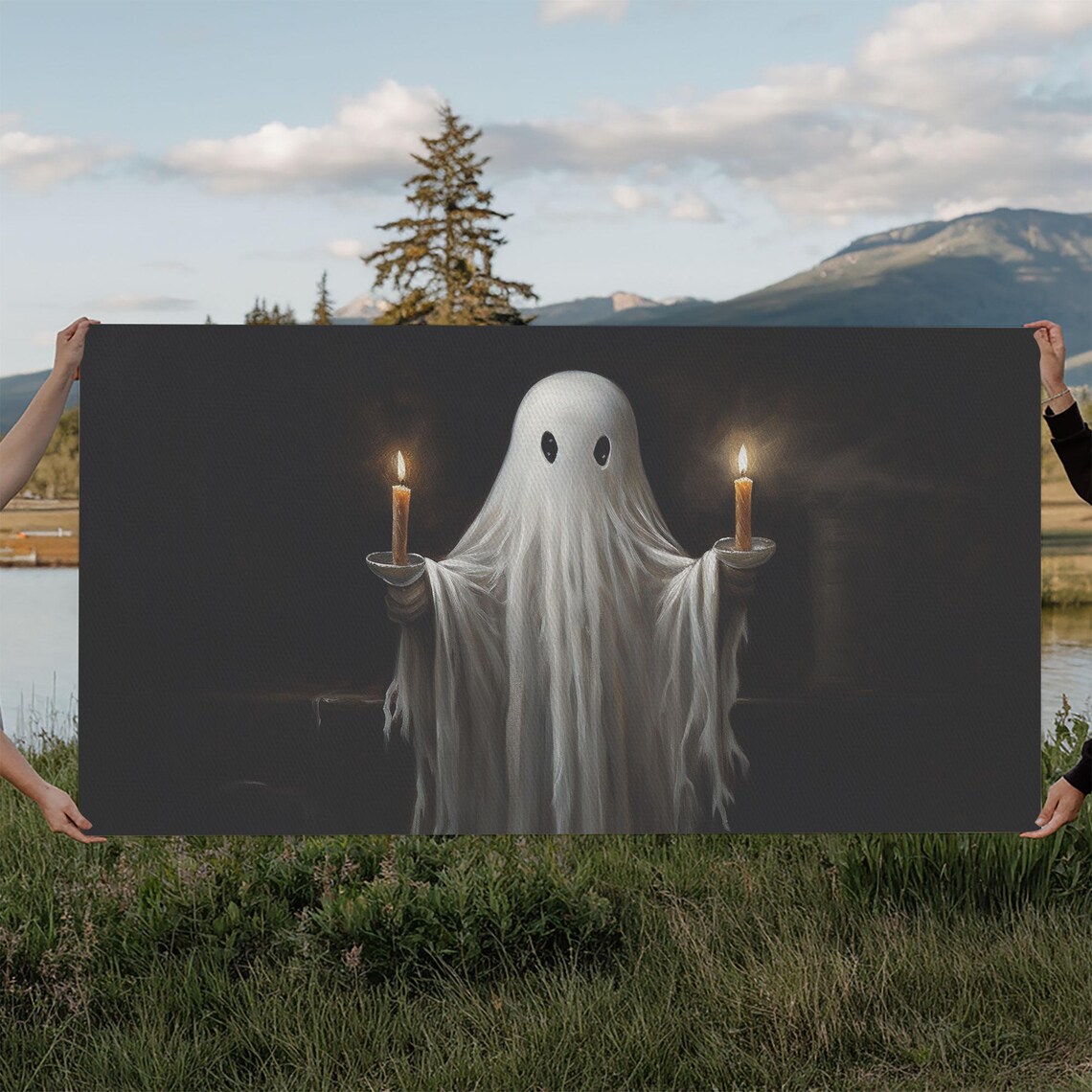 Cute Ghost Holding Candles Dark Background Vintage Oil Painting Poster