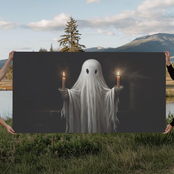 Cute Ghost Holding Candles Dark Background Vintage Oil Painting Poster