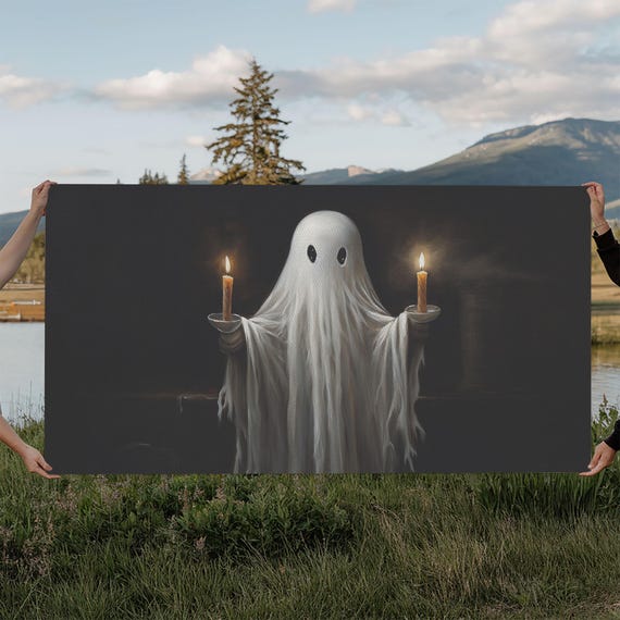 Cute Ghost Holding Candles Framed Print Dark Academia Wall Art Victorian Oil Painting Style Halloween Wall Art Ghost Print