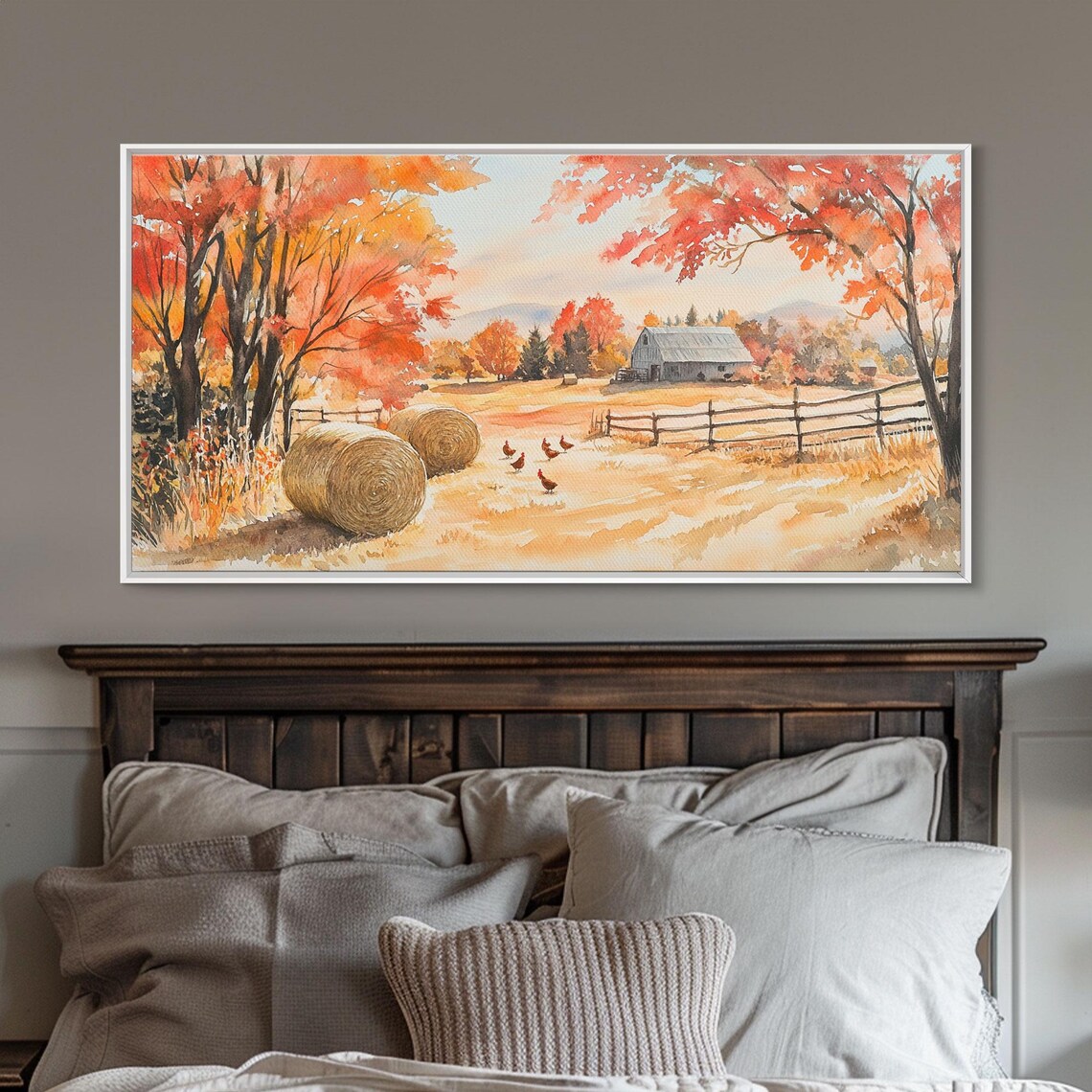 Autumn Farm Scene With Hay Bales Chickens And Old Barn Art Print - Image 3