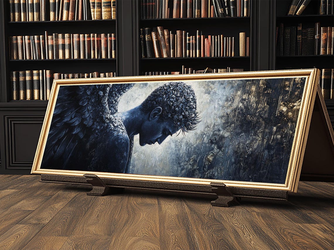 Serene Dark Angel Bowed Head Panoramic Moody Winged Figure Art Poster - Image 2