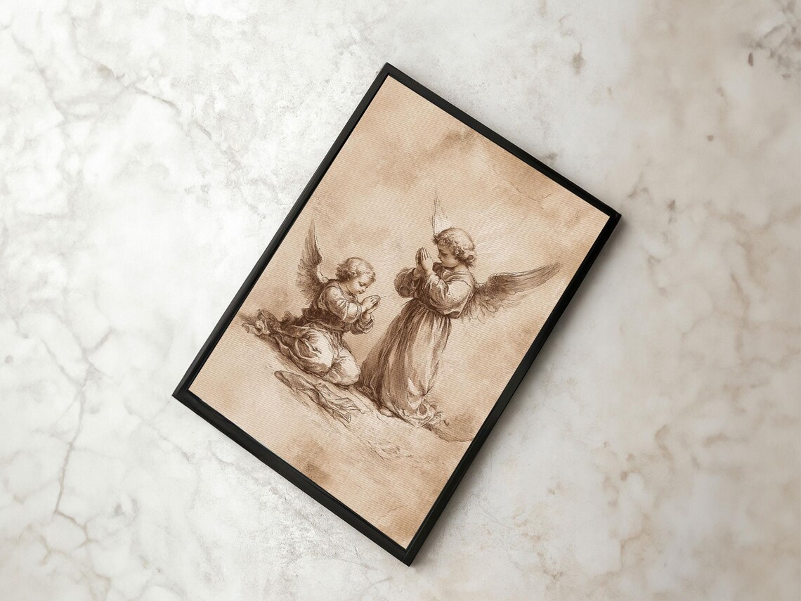 Praying Cherub Angels Sepia Sketch Vintage Guardian Angel Art Print - Image 3