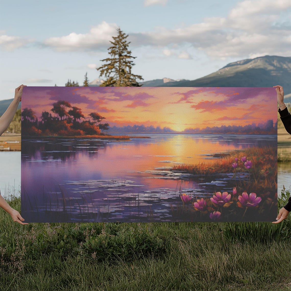 Beautiful Lake At Sunset Framed Print Landscape Oil Painting Print Lakehouse Art Lake Art Lake House Decor Nature Art - Image 6