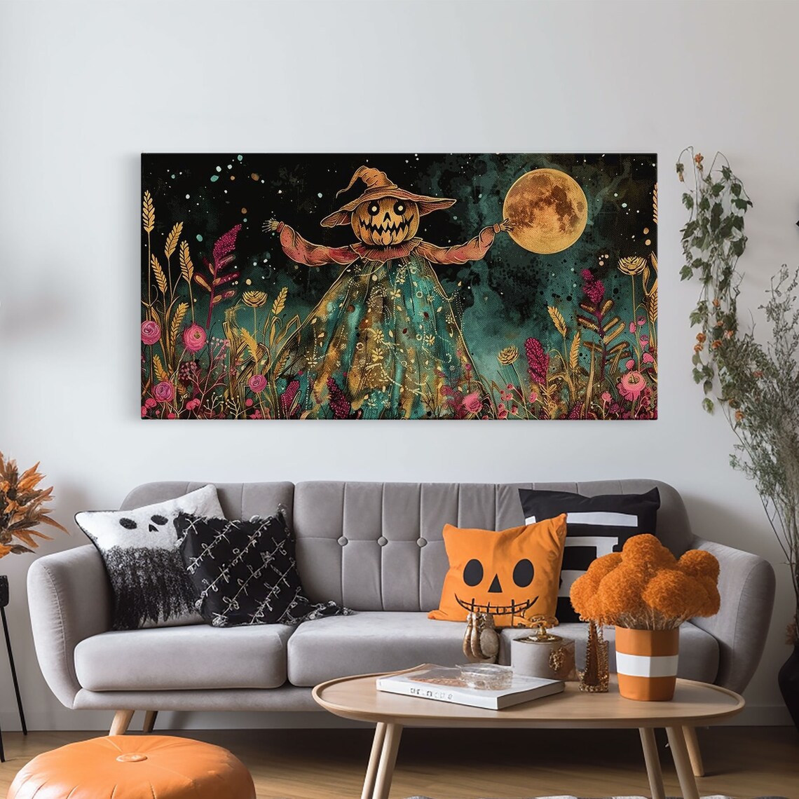 Jack O Lantern Scarecrow In Colorful Night Flower Field Art Print - Image 6