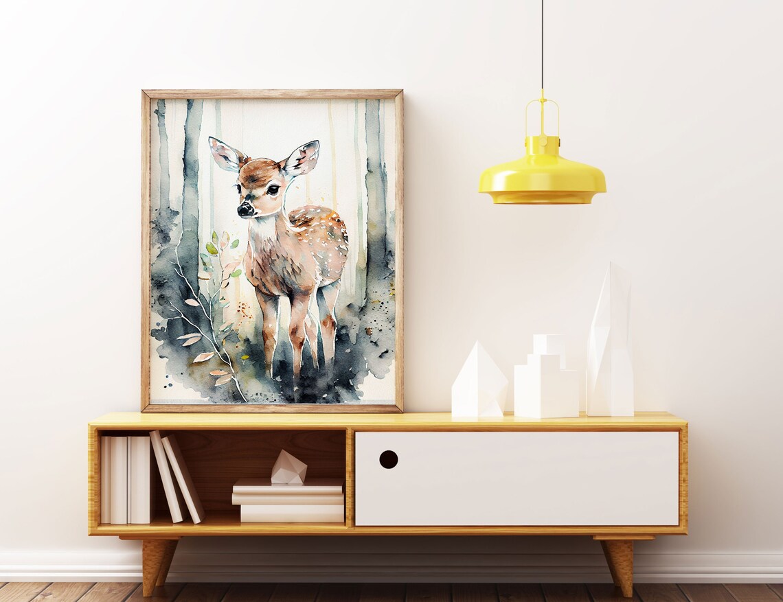 Watercolor Baby Deer Fawn Forest Cute Woodland Animal Nursery Poster - Image 2