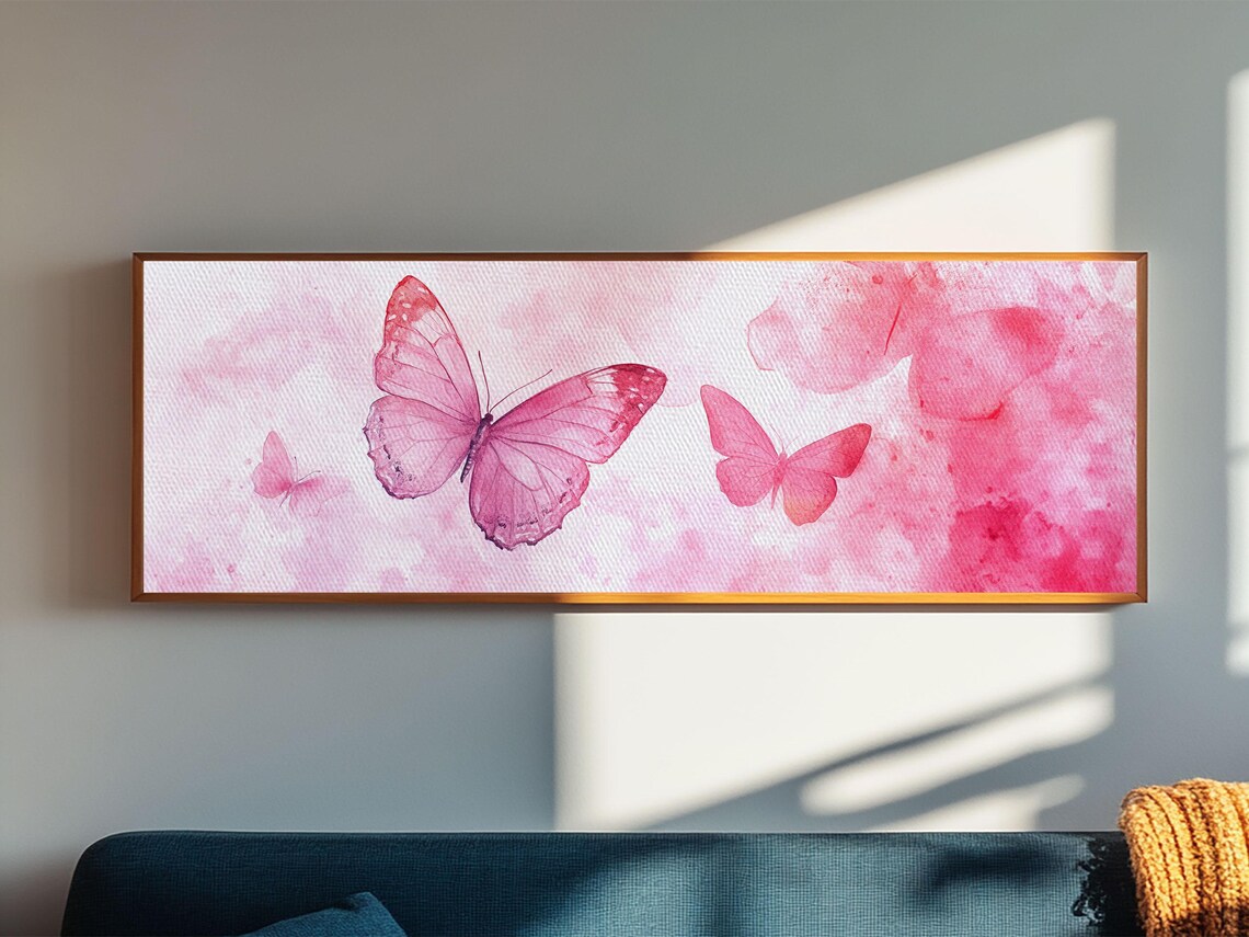 Pink Watercolor Butterflies Whimsical Trio Horizontal Wall Art Poster - Image 4
