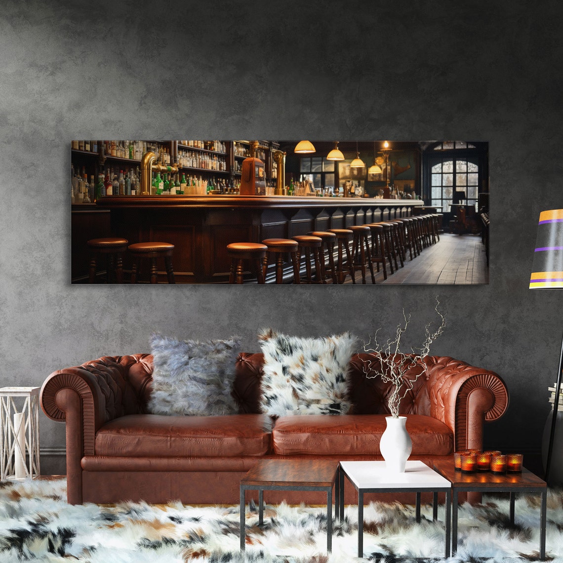 Vintage Pub Bar Interior Wooden Stools Brass Taps Warm Moody Wall Art - Image 3