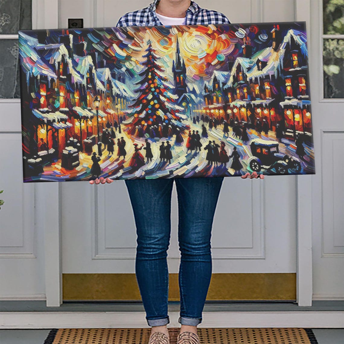 Impasto Christmas Street Crowd With Tree And Church Holiday Wall Art - Image 4
