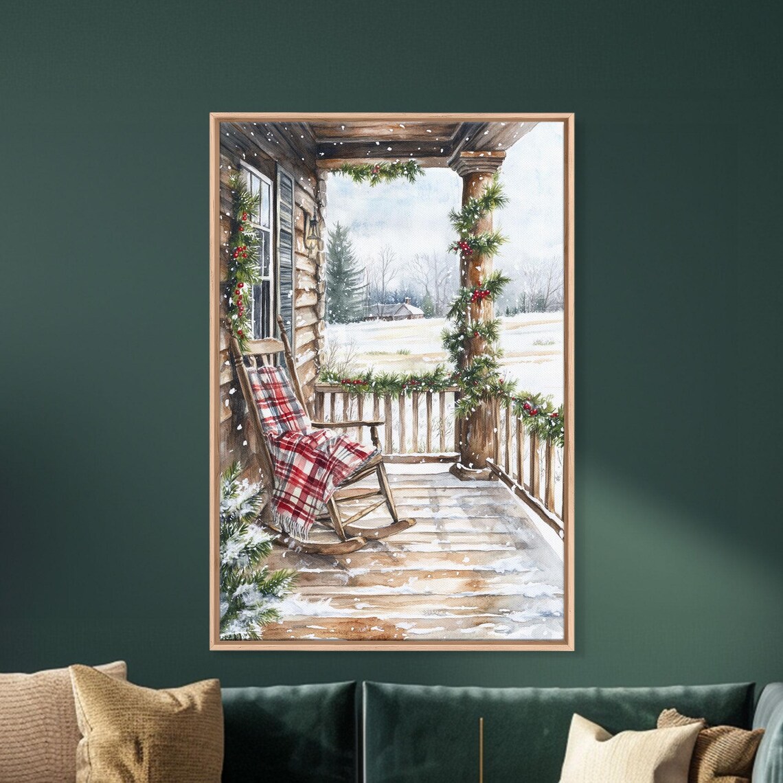 Snowy Farmhouse Porch Rocking Chair Christmas Garland Poster - Image 3