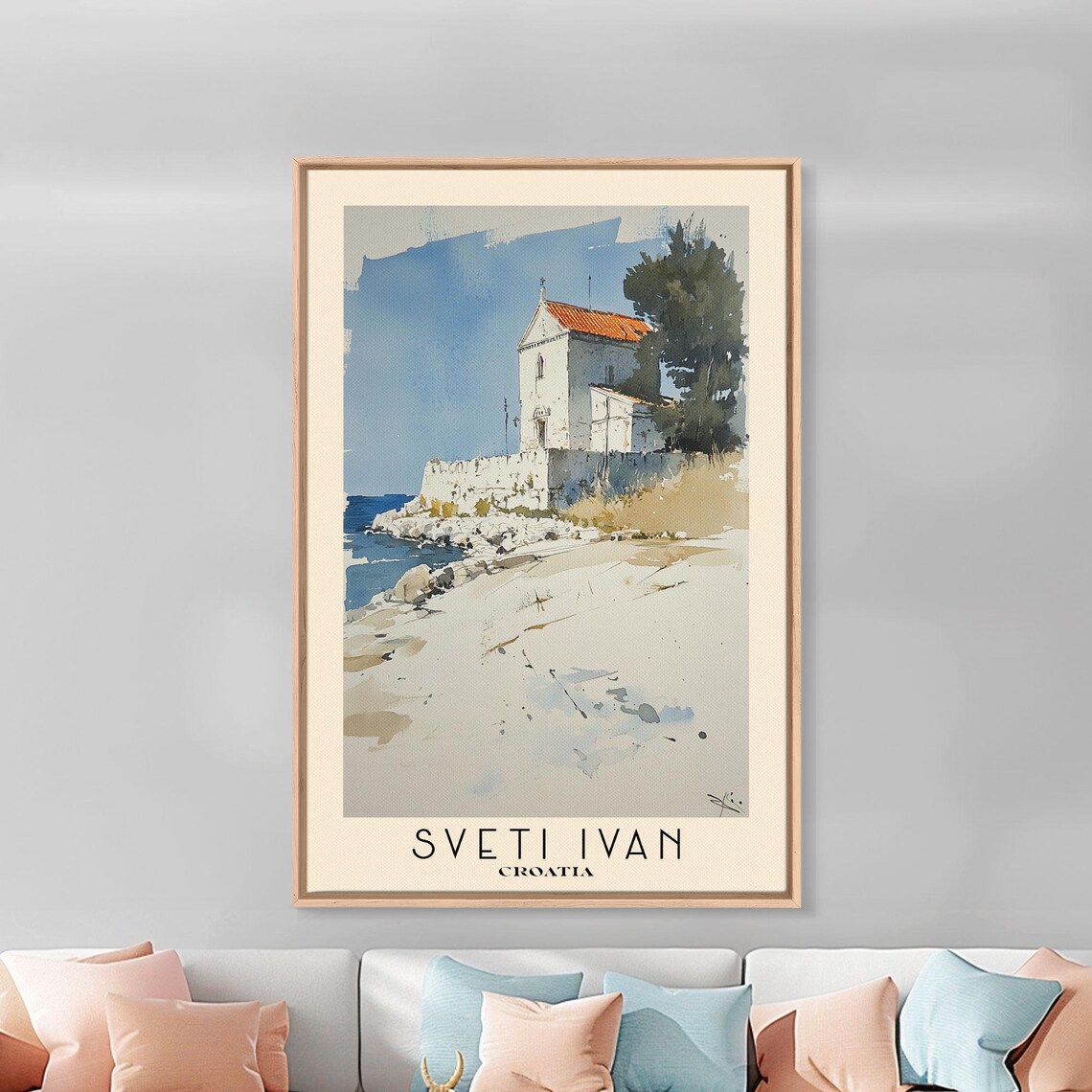Sveti Ivan Croatia White Chapel Rocky Coast Watercolor Poster