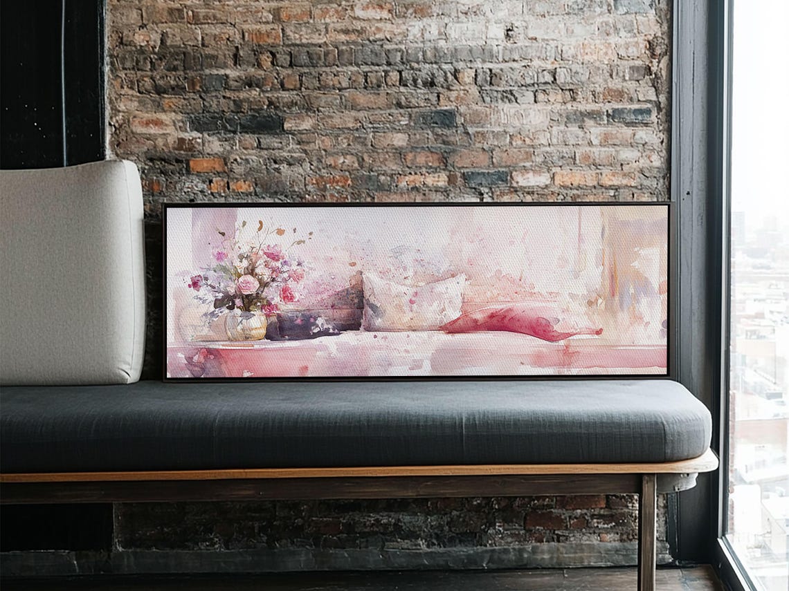 Pink Watercolor Sofa Floral Cushions Vase Horizontal Wall Art Poster - Image 6