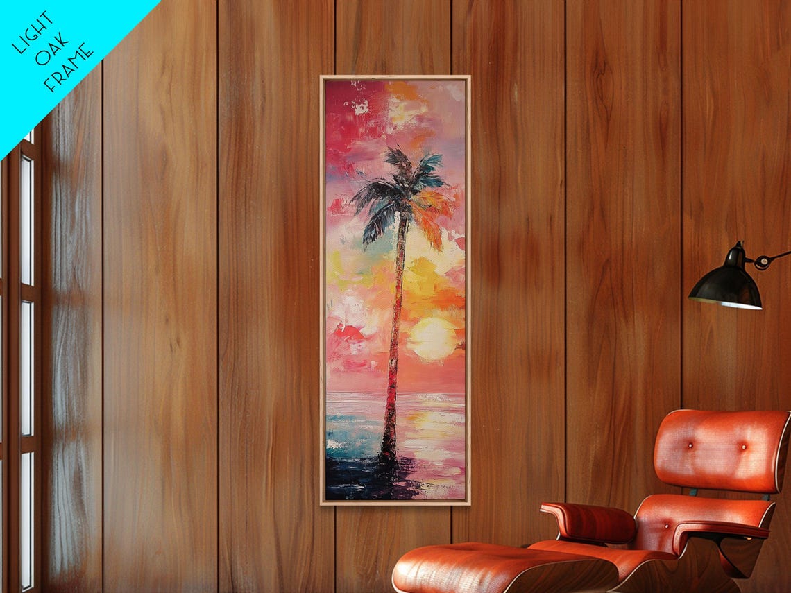Palm Tree Sunset Ocean Vibrant Pink Impasto Coastal Wall Art