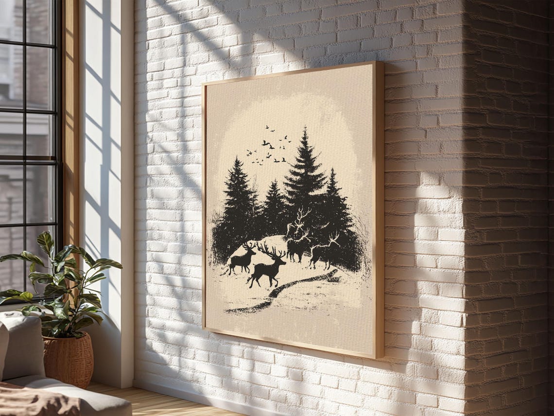 Deer Silhouettes Among Snowy Pines Black Winter Forest Animal Poster - Image 2