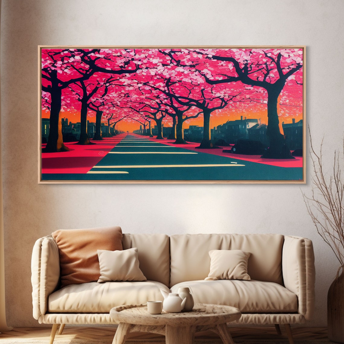 Cherry Blossom Street Pink Trees Sunset Avenue Panoramic Poster - Image 4