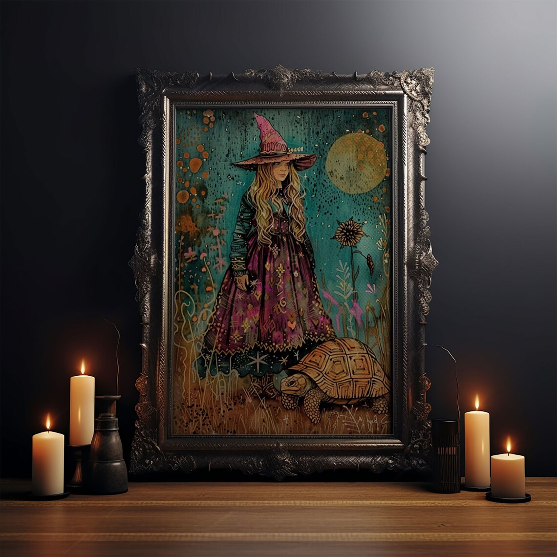 Little Witch Pink Hat Tortoise Moonlit Garden Watercolor Art Poster - Image 4