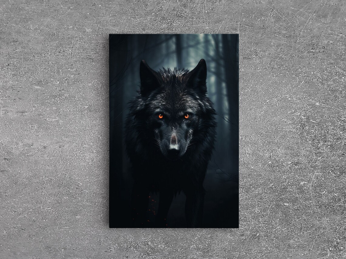 Red Eyed Wolf Print, Black Wolf On The Hunt