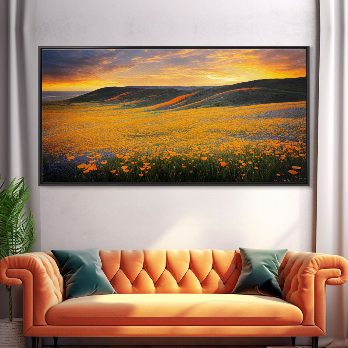 Orange Poppy Field Rolling Hills At Sunset Golden Hour Panorama Print - Image 5