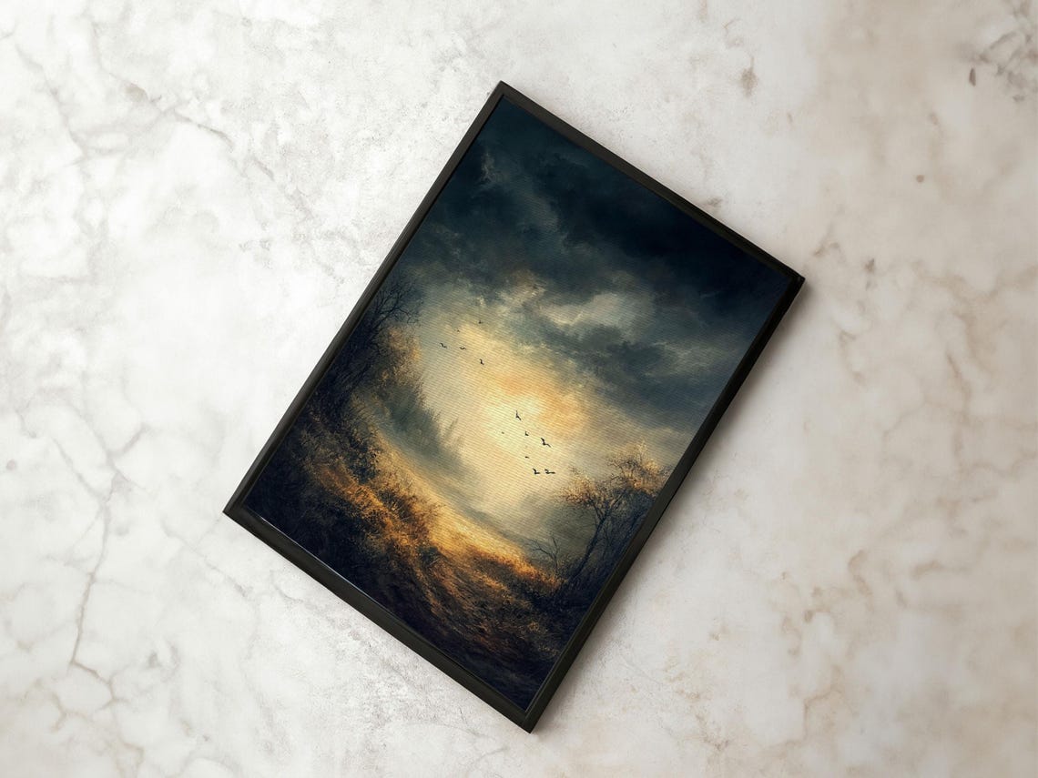Misty Sunrise Meadow Birds Flying Dark Romantic Landscape Art Poster - Image 2