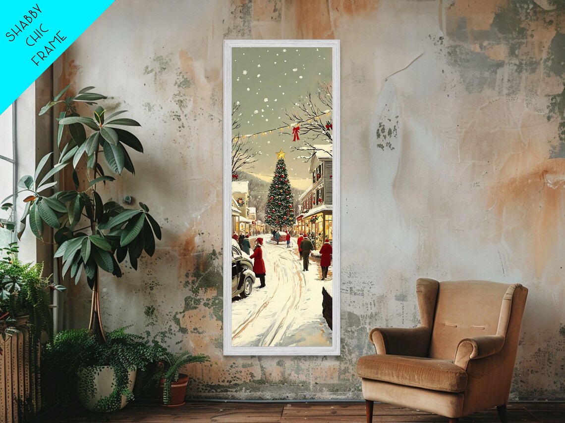 Snowy Christmas Market Street Tree Lights Festive Night Wall Art - Image 3