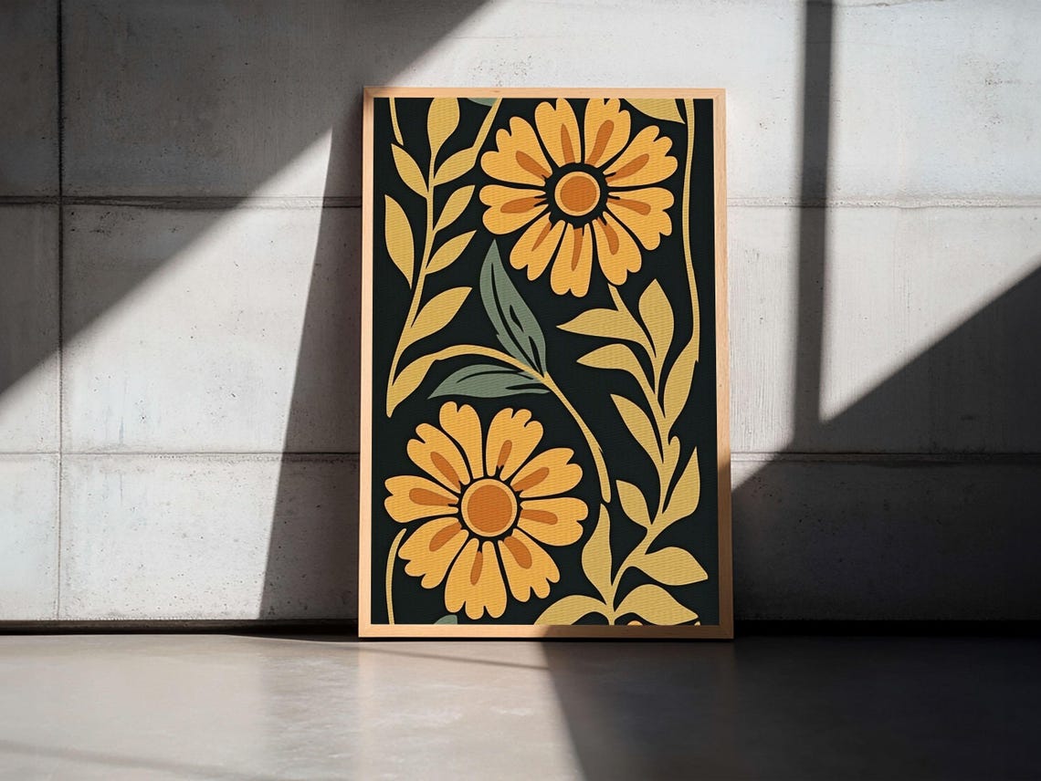 Vintage Yellow Daisy Flowers Dark Green Retro Botanical Art Poster - Image 5