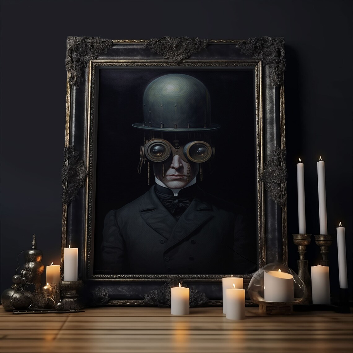 Victorian Steampunk Cyborg Portrait Goggles Bowler Hat Gothic Art Print - Image 6