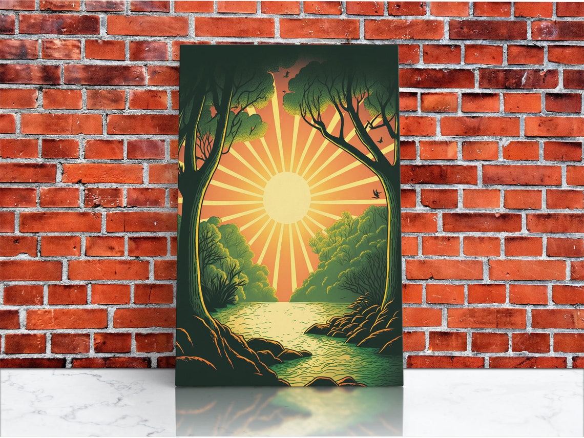 Retro Sunrise Radiant Sunburst Through Trees River Landscape Poster - Image 3
