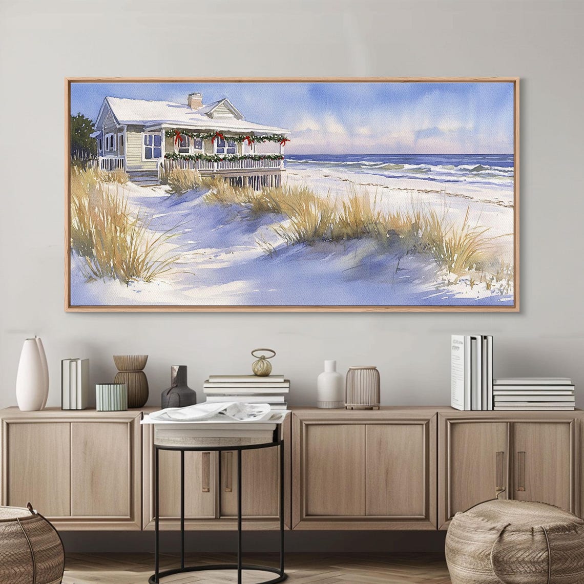 Beach House Christmas Garlands Sunny Winter Dunes Waves Art Print
