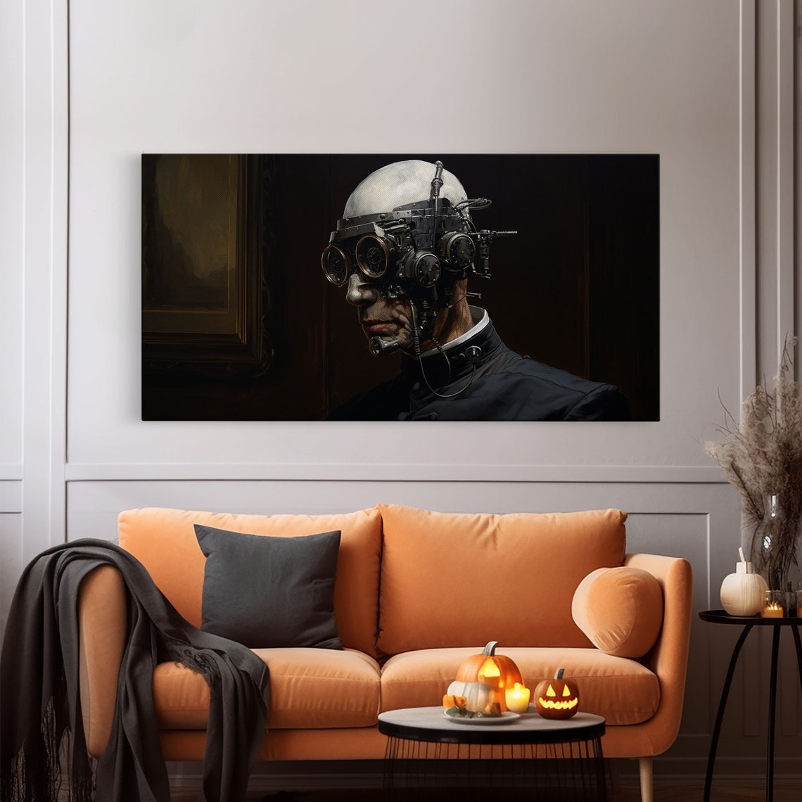 Bald Steampunk Cyborg With Goggles Dark Panoramic Horror Poster - Image 6