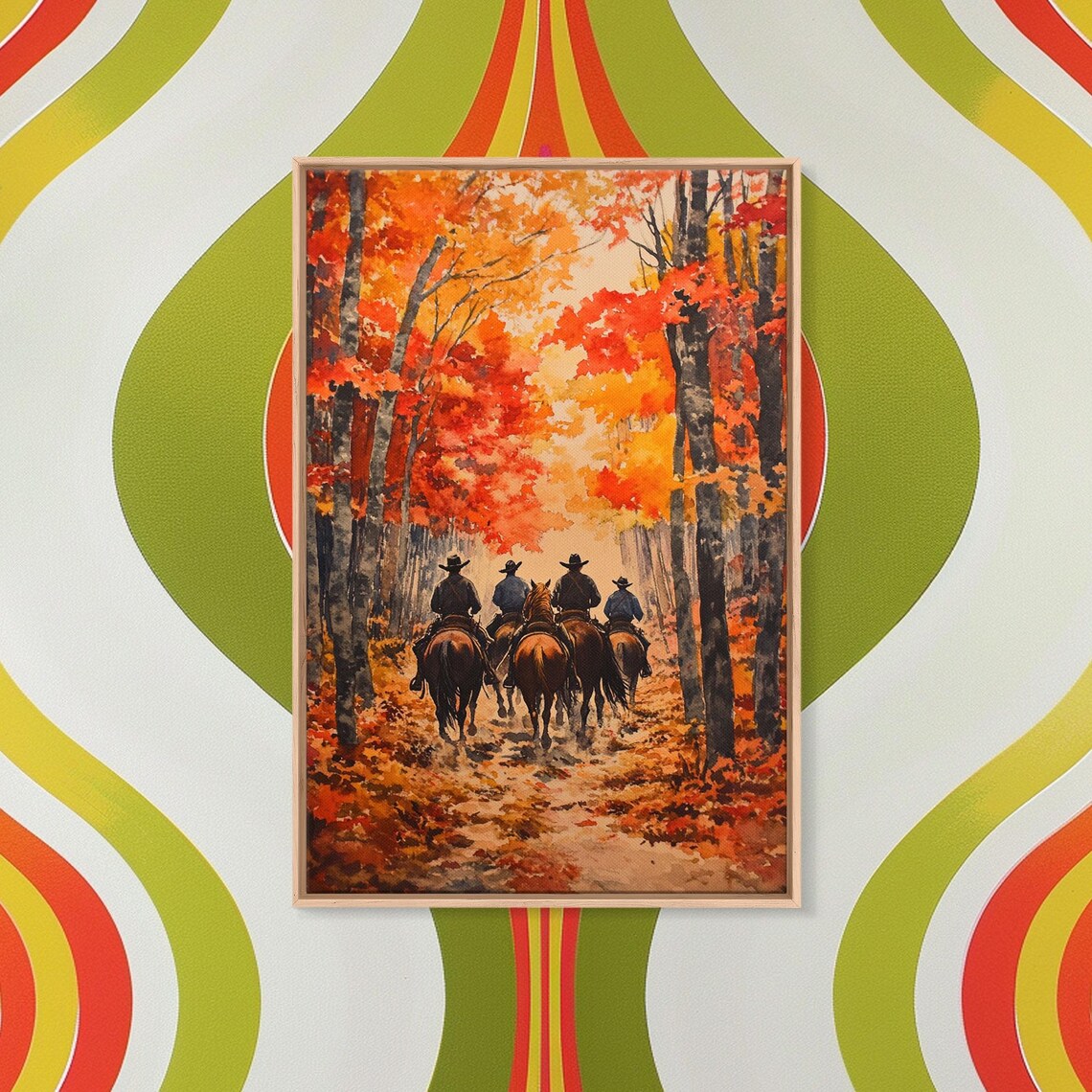 Cowboys Riding Through Fiery Autumn Forest Trail Scene Poster - Image 4