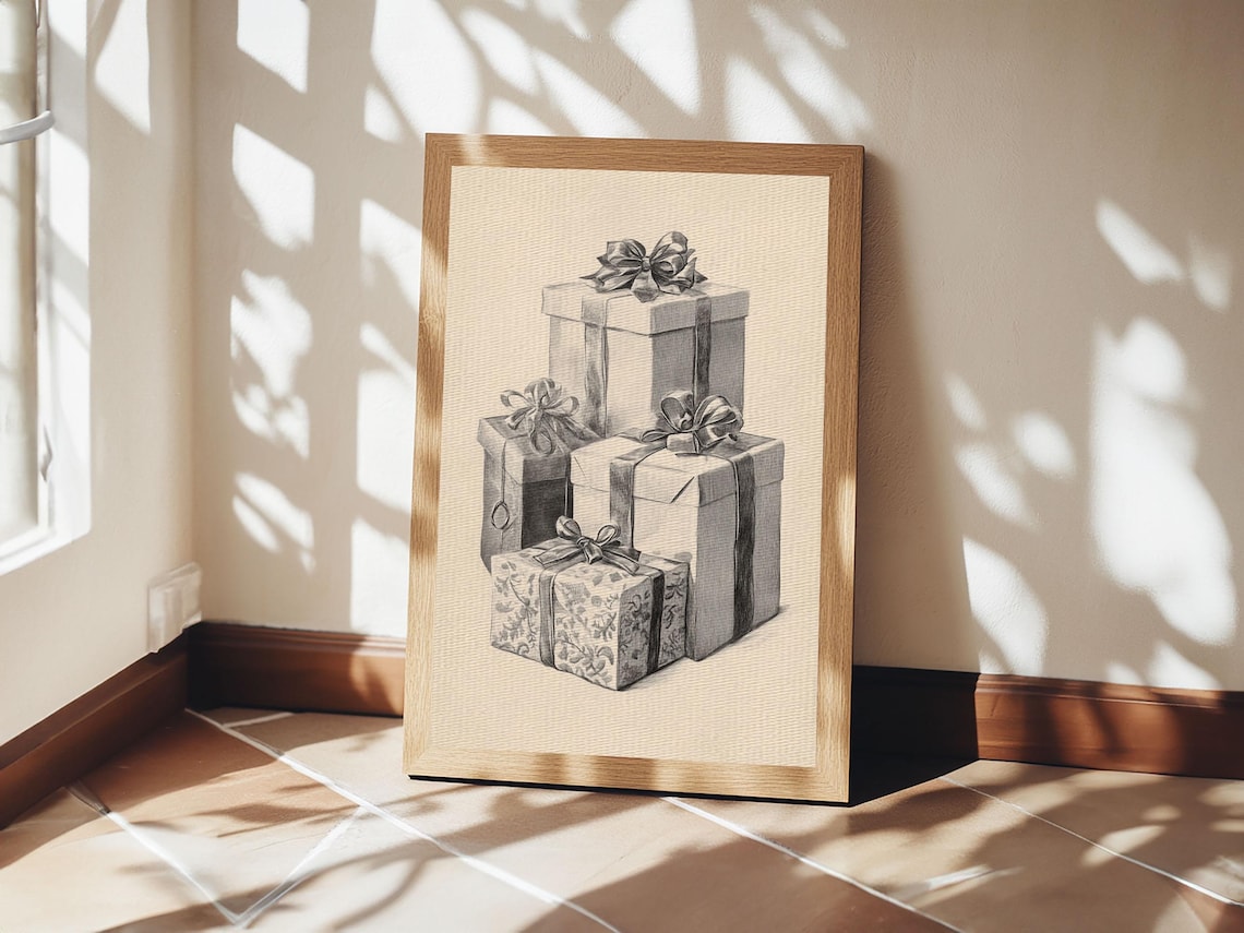 Christmas Gifts Sketch Minimalist Holiday Gift Boxes Pencil Art Poster