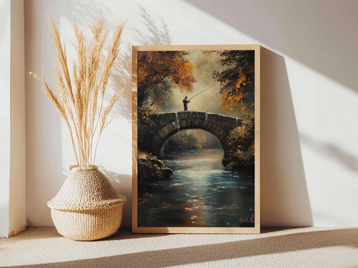 Fisherman Stone Bridge River Dusk Autumn Oil Painting Art Poster - Image 3