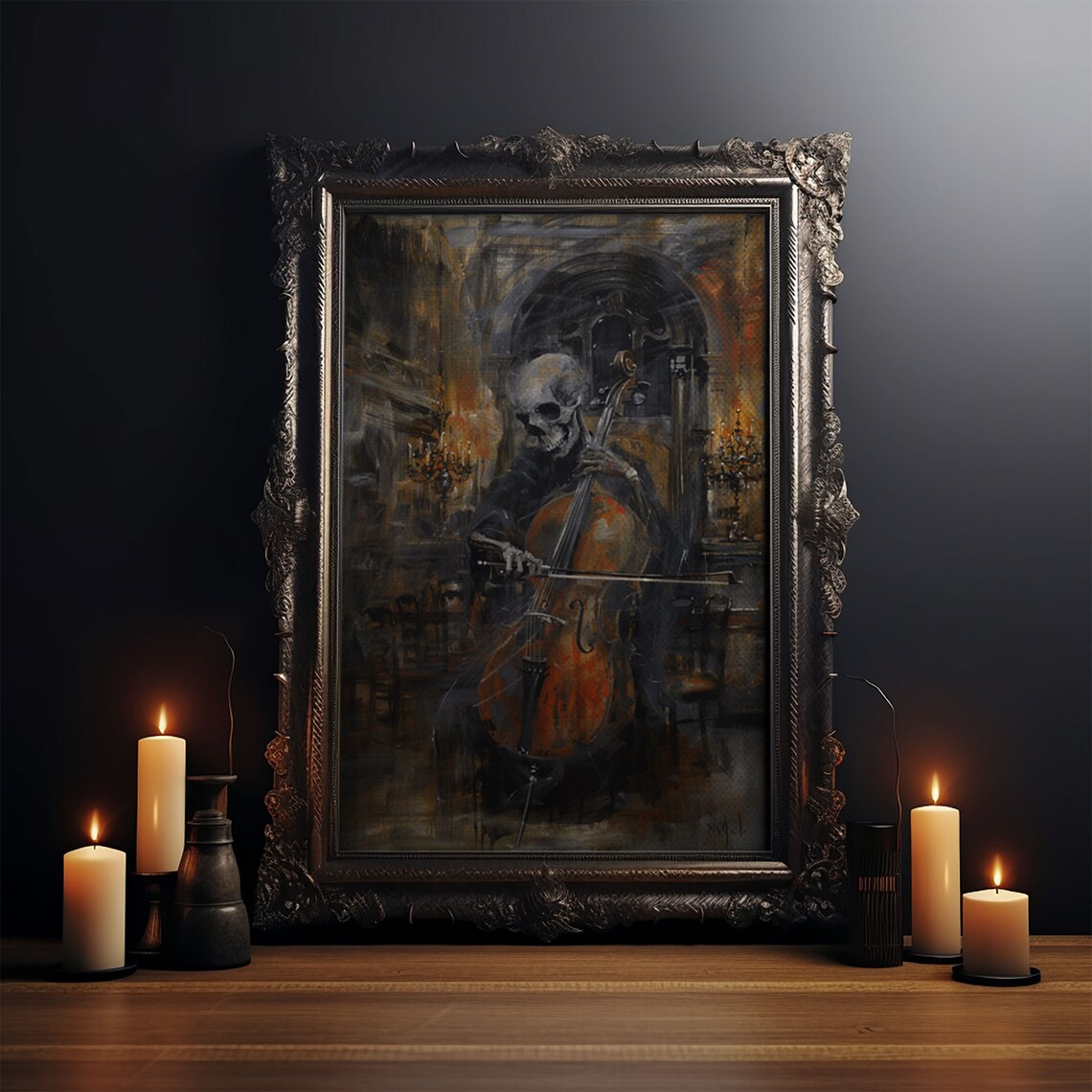 Skeleton Cellist Playing Inside Gothic Cathedral Dark Oil Painting Print - Image 4