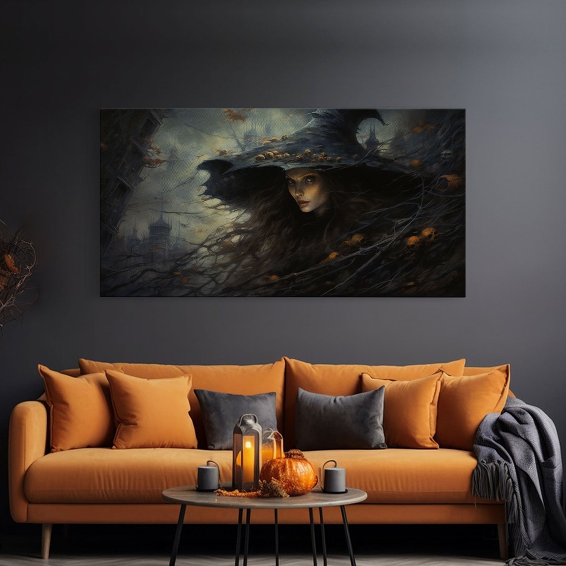 Dark Witch Portrait With Twisted Branches And Haunted Castle Print - Image 3