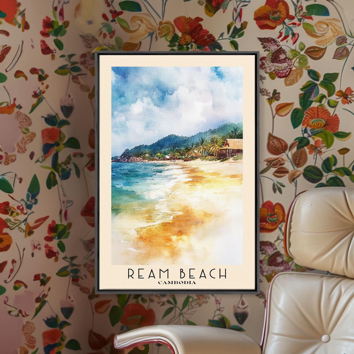 Ream Beach Cambodia Tropical Shoreline Watercolor Travel Poster