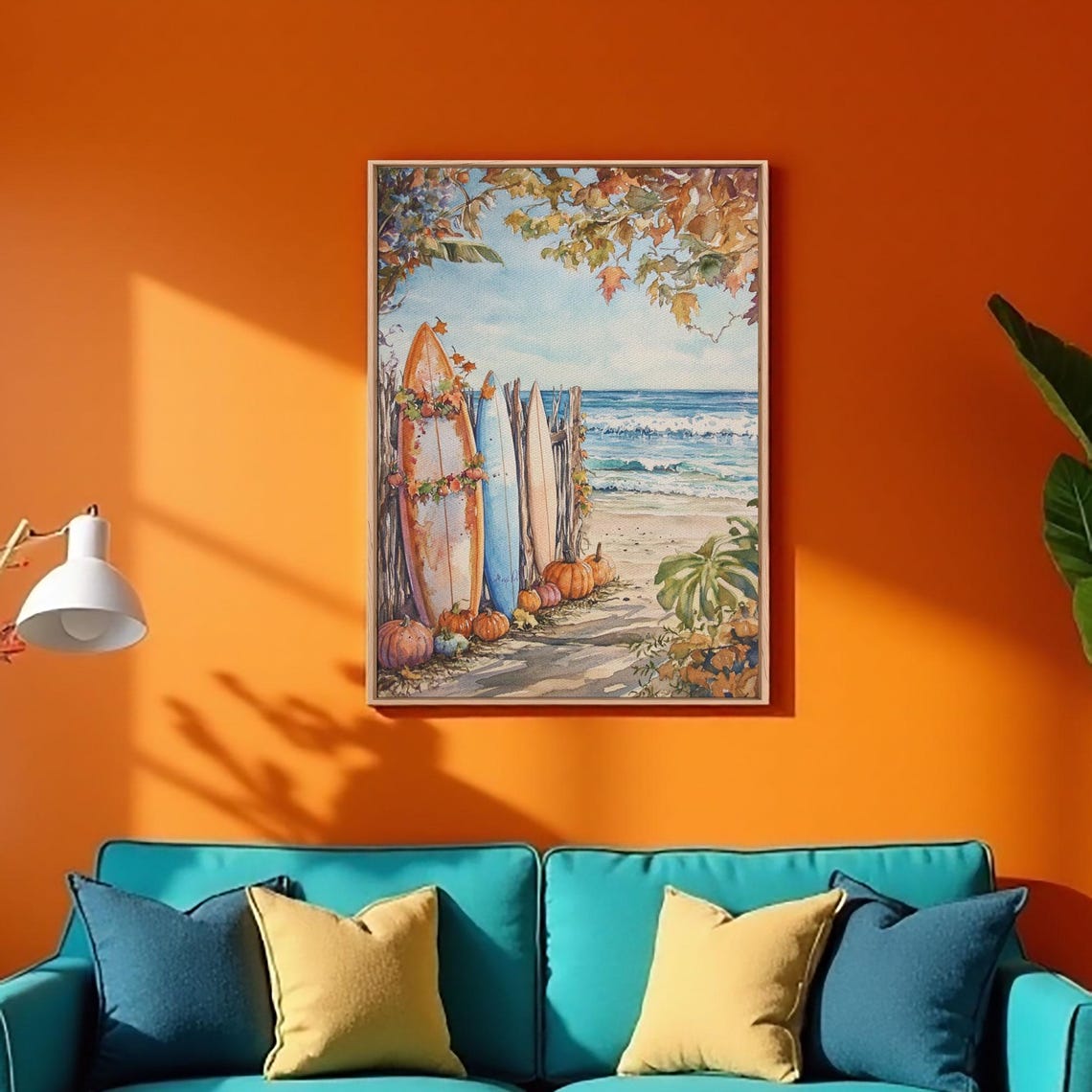 Surfboards Decorated With Pumpkins On Beach Fall Ocean Poster - Image 4
